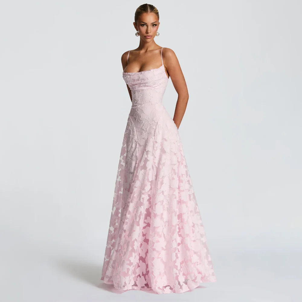 Abito Lungo da Donna in Chiffon Jacquard con Schiena Scoperta