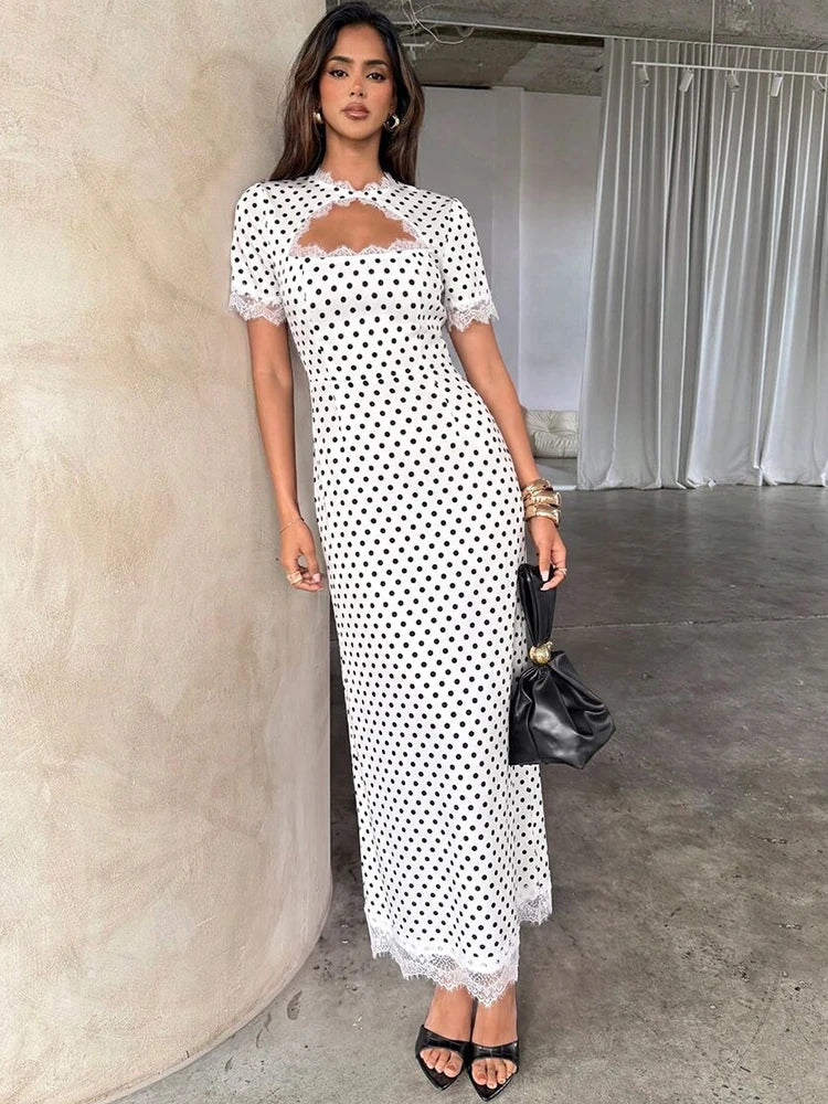 Abito Lungo da Donna a Pois con Dettaglio Cut-Out e Pizzo