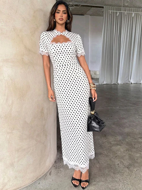 Abito Lungo da Donna a Pois con Dettaglio Cut-Out e Pizzo