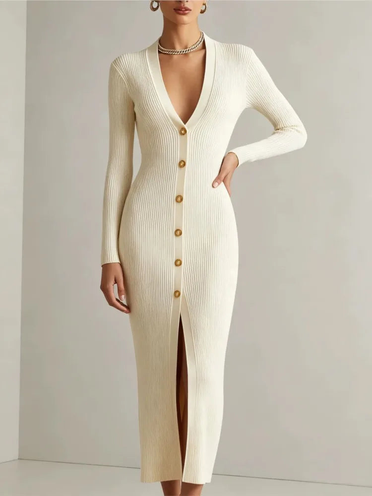 Abito Lungo da Donna in Maglia con Scollo a V e Maniche Lunghe