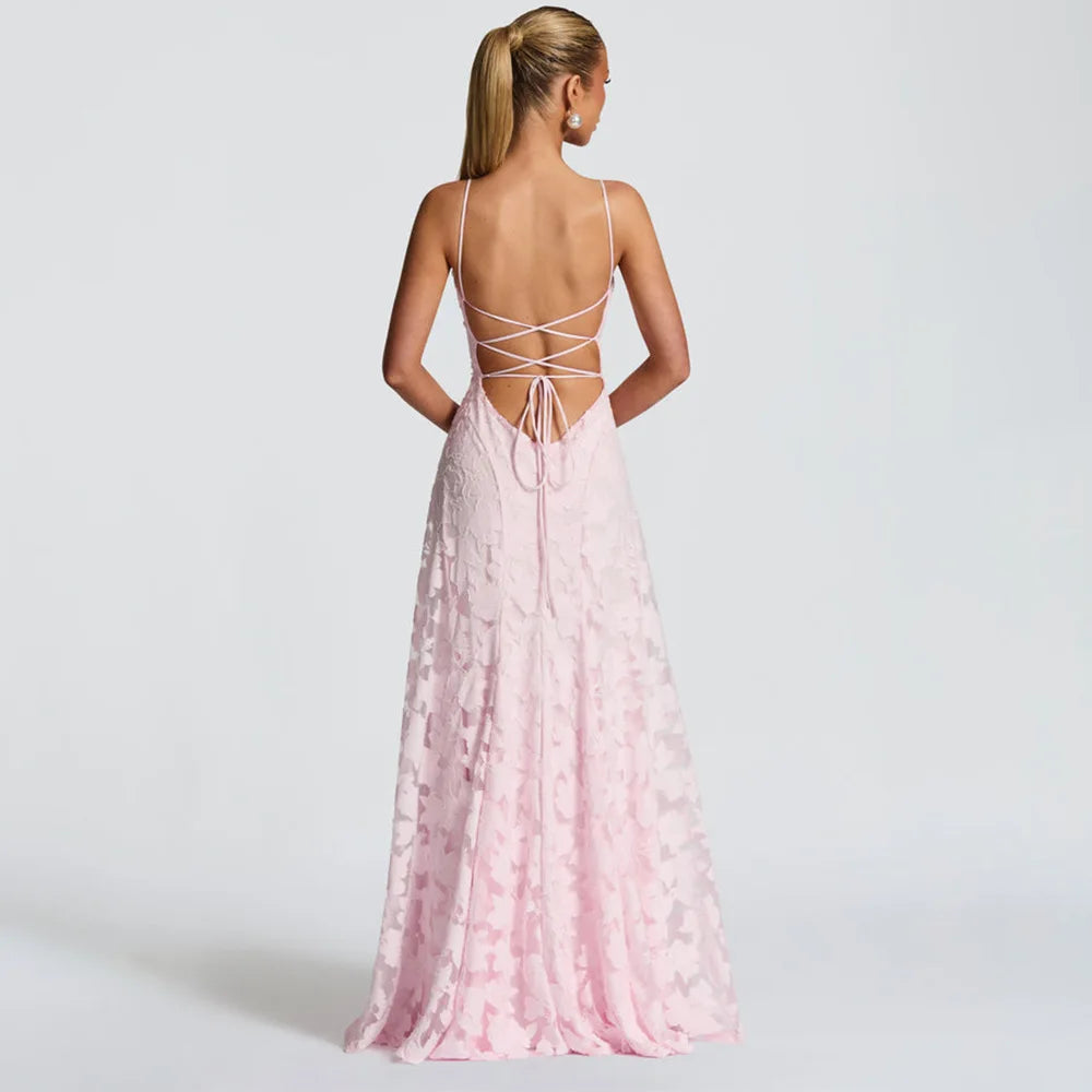 Abito Lungo da Donna in Chiffon Jacquard con Schiena Scoperta