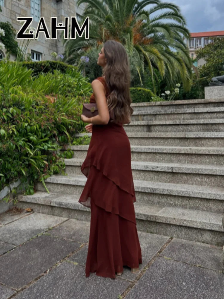 Abito Lungo da Donna Senza Maniche con Scollo Asimmetrico e Volant Rosso