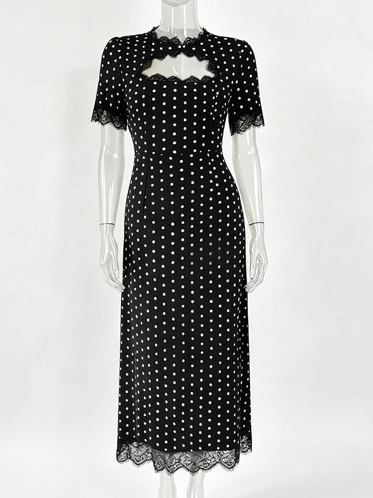 Abito Lungo da Donna a Pois con Dettaglio Cut-Out e Pizzo