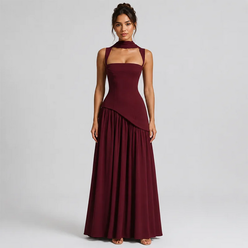 Abito Lungo da Donna con Corsetto Stringato e Spacco Alto