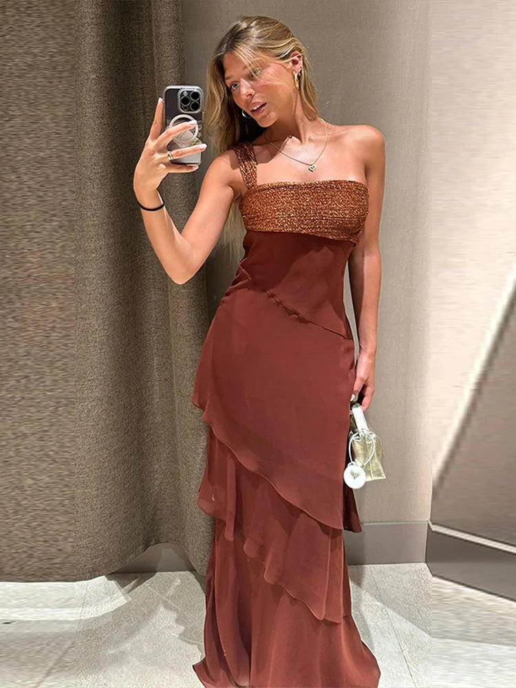 Abito Lungo da Donna Monospalla a Strati in Chiffon