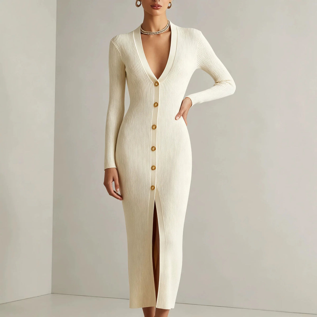 Abito Lungo da Donna in Maglia con Scollo a V e Maniche Lunghe