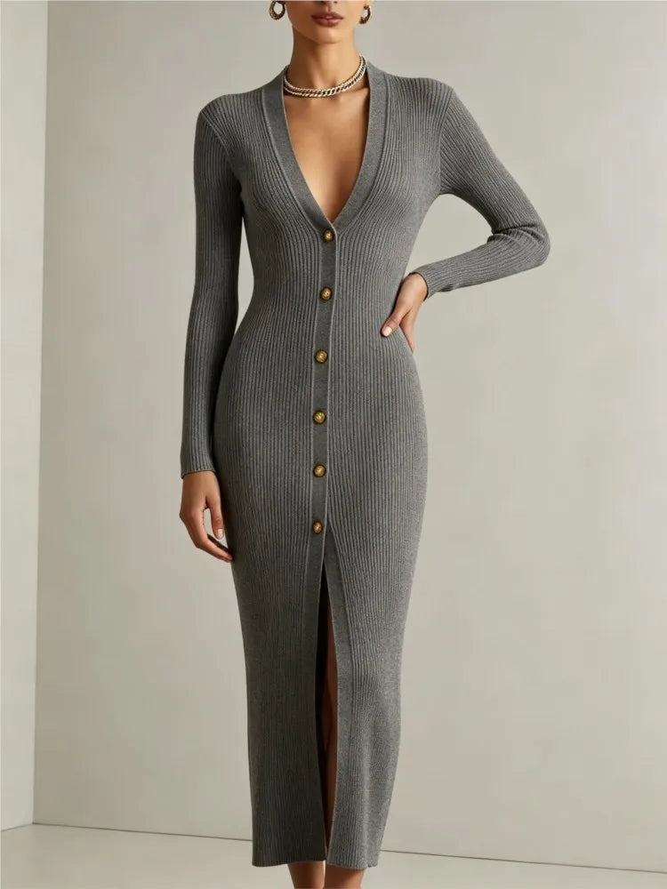 Abito Lungo da Donna in Maglia con Scollo a V e Maniche Lunghe