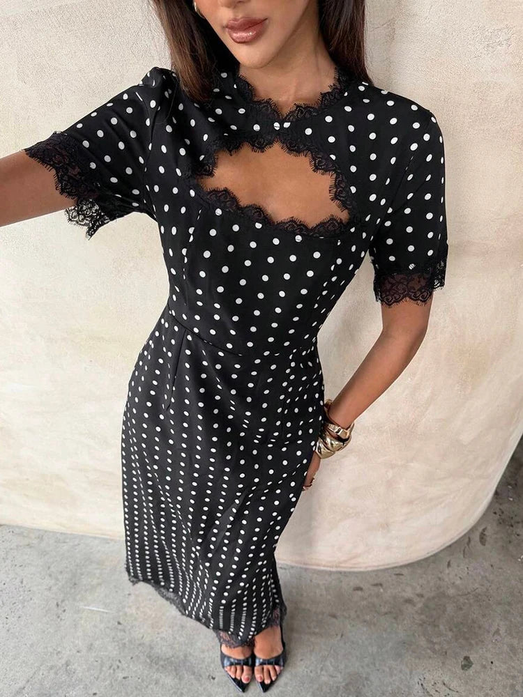 Abito Lungo da Donna a Pois con Dettaglio Cut-Out e Pizzo