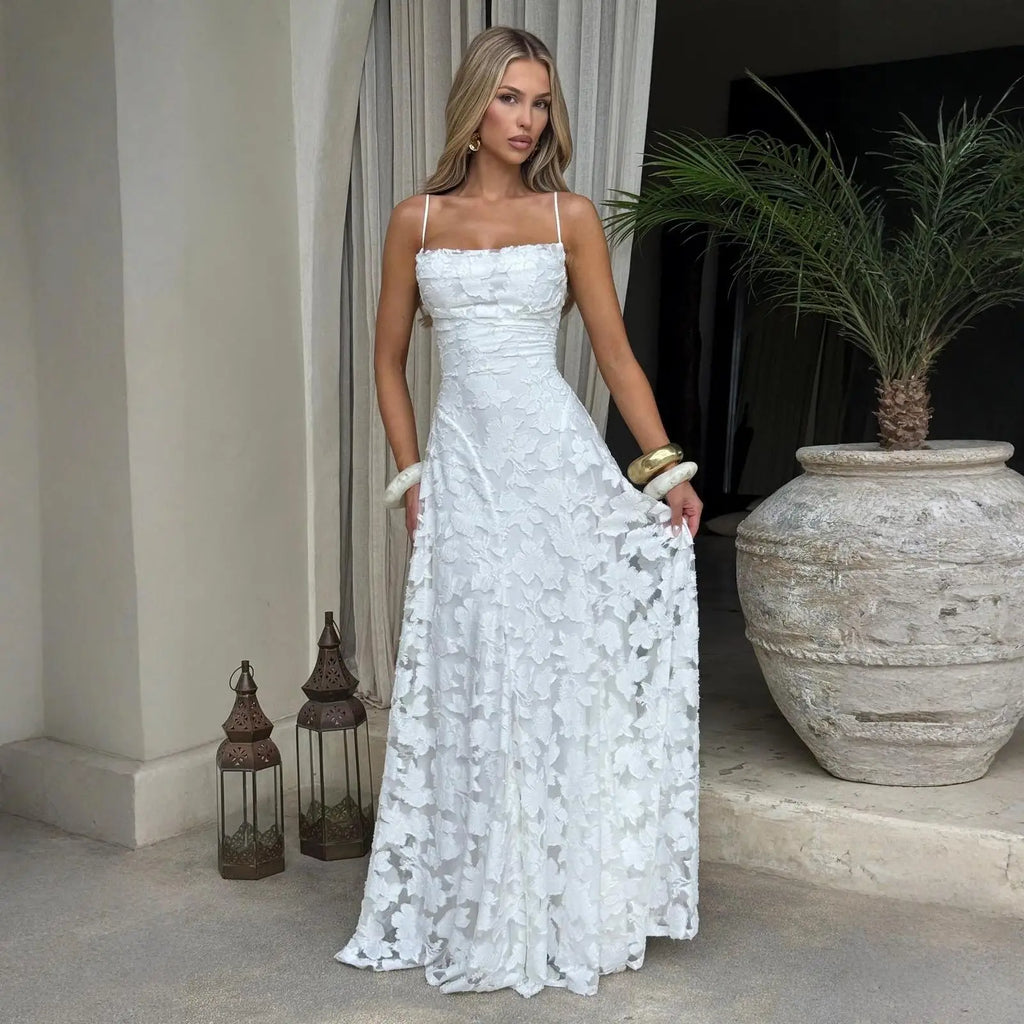 Abito Lungo da Donna in Chiffon Jacquard con Schiena Scoperta