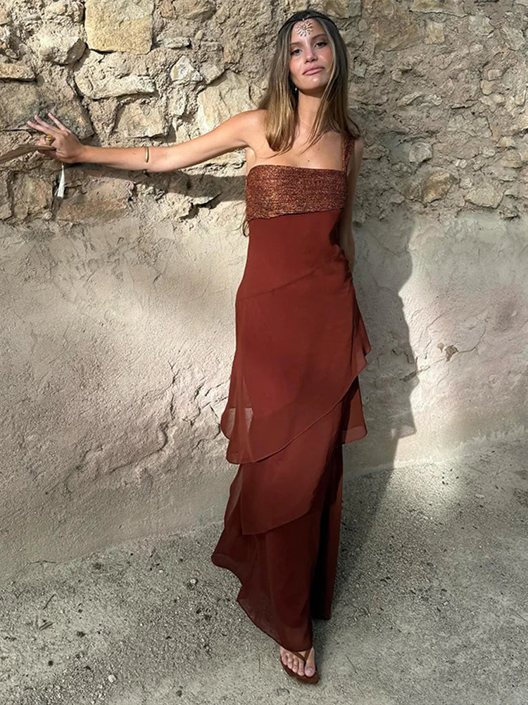 Abito Lungo da Donna Senza Maniche con Scollo Asimmetrico e Volant Rosso
