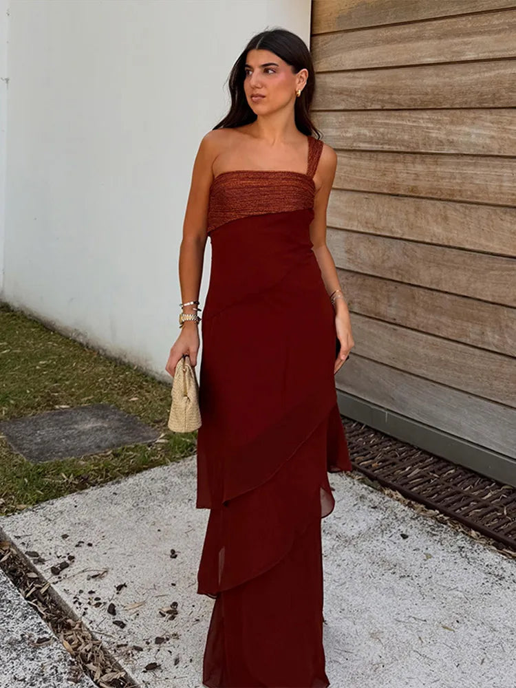 Abito Lungo da Donna Asimmetrico con Volant e Dettagli Patchwork