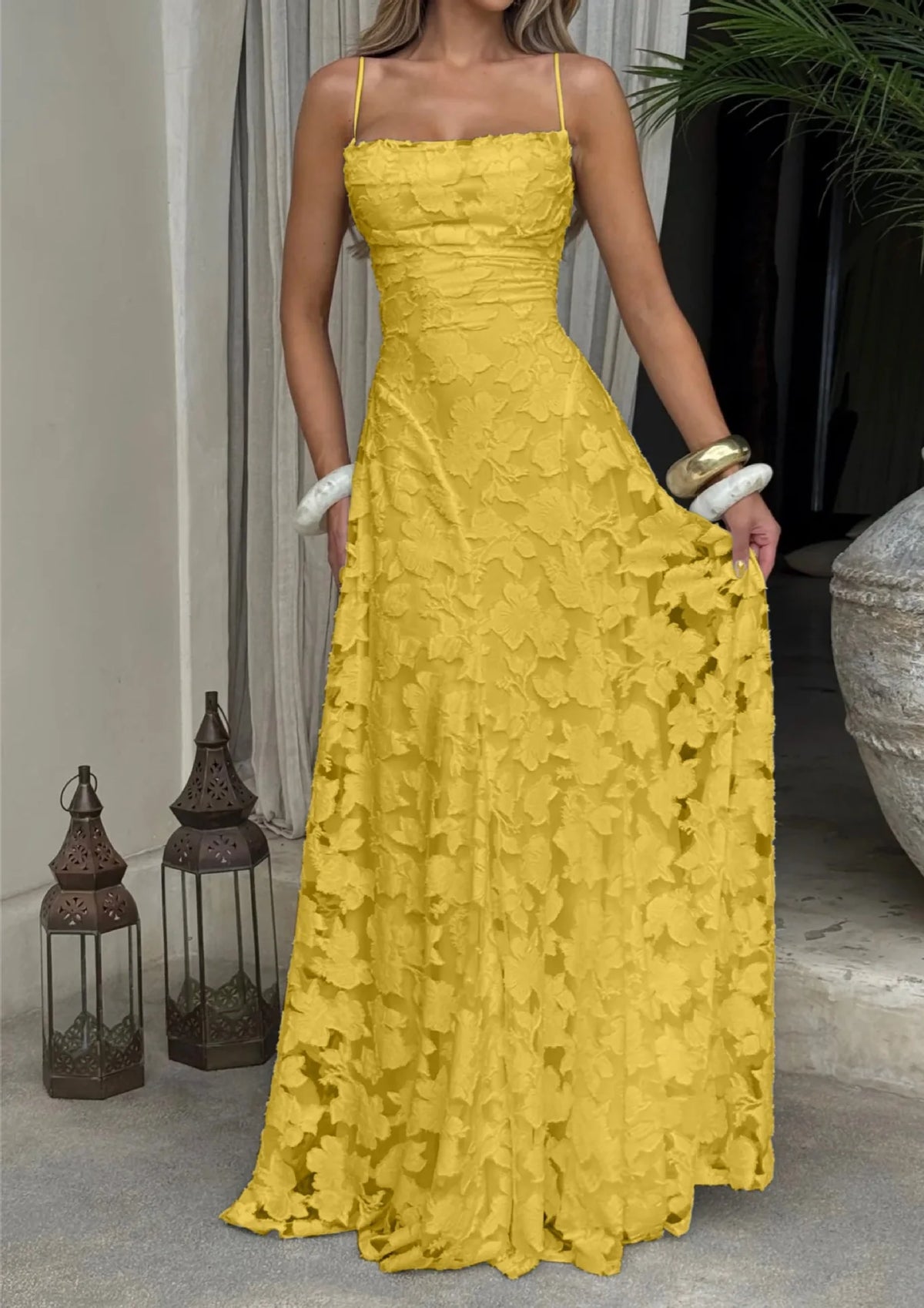 Abito Lungo da Donna in Chiffon Jacquard con Schiena Scoperta