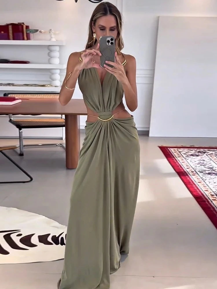 Abito Lungo da Donna Senza Schienale con Scollo a V e Dettaglio Cut-Out