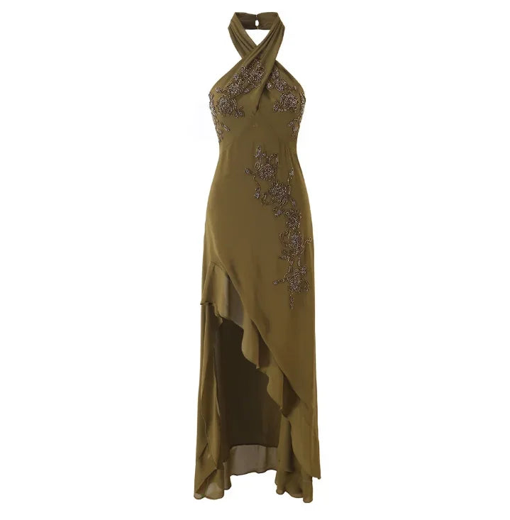 Abito Lungo da Donna all'Americana con Strass e Spacco