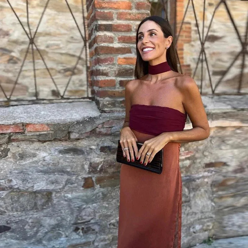 Abito Lungo da Donna con Spalline Sottili e Spacco