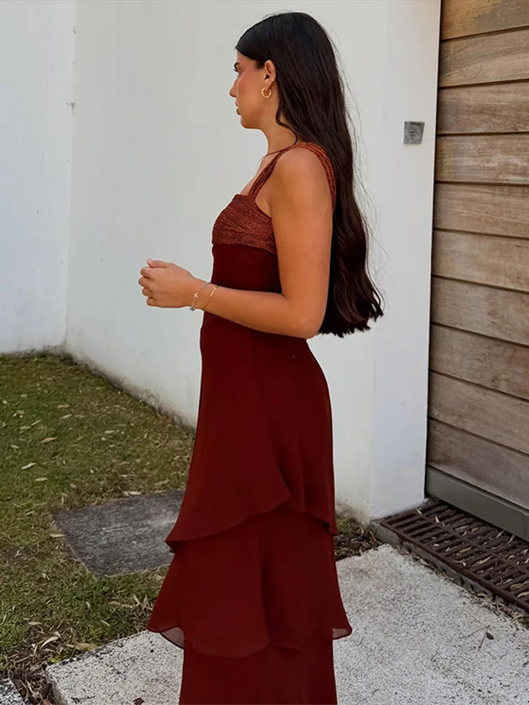 Abito Lungo da Donna Asimmetrico con Volant e Dettagli Patchwork