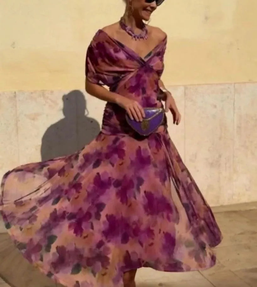 Abito Midi da Donna Senza Spalline con Stampa Floreale