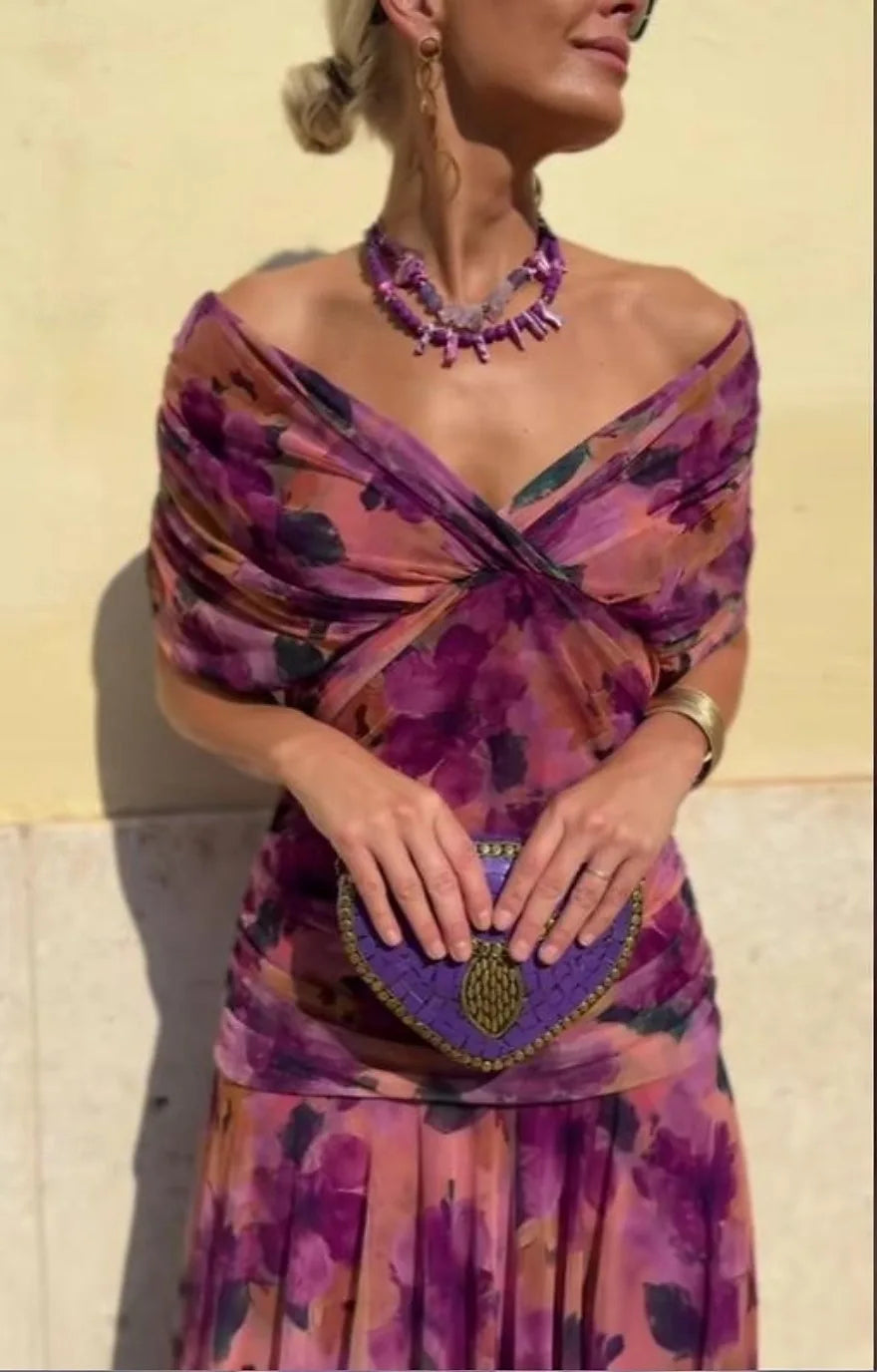 Abito Midi da Donna Senza Spalline con Stampa Floreale
