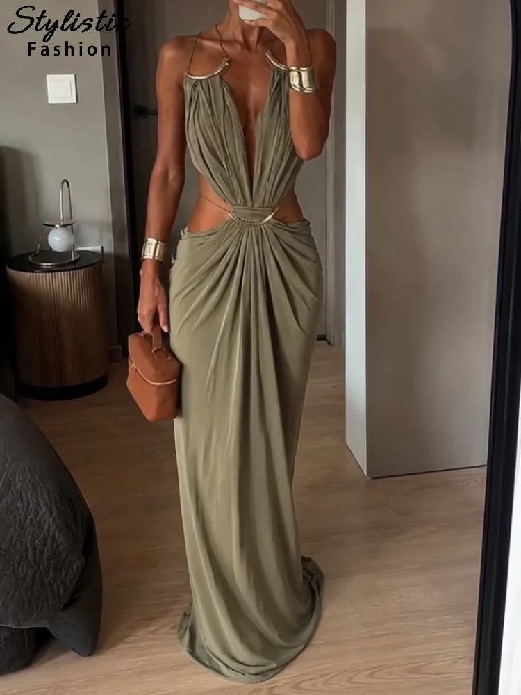 Abito Lungo da Donna Senza Schienale con Scollo a V e Dettaglio Cut-Out