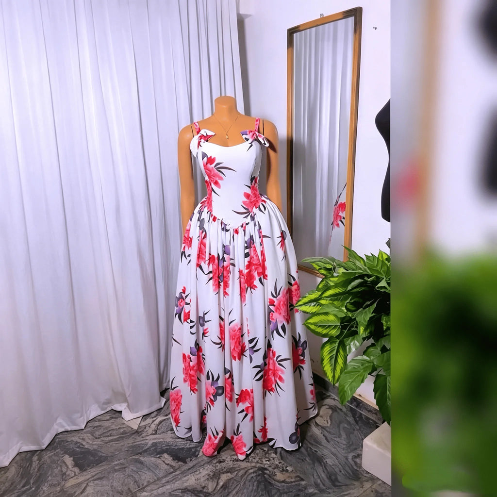 Abito Lungo da Donna con Stampa Floreale e Spalline a Fiocco