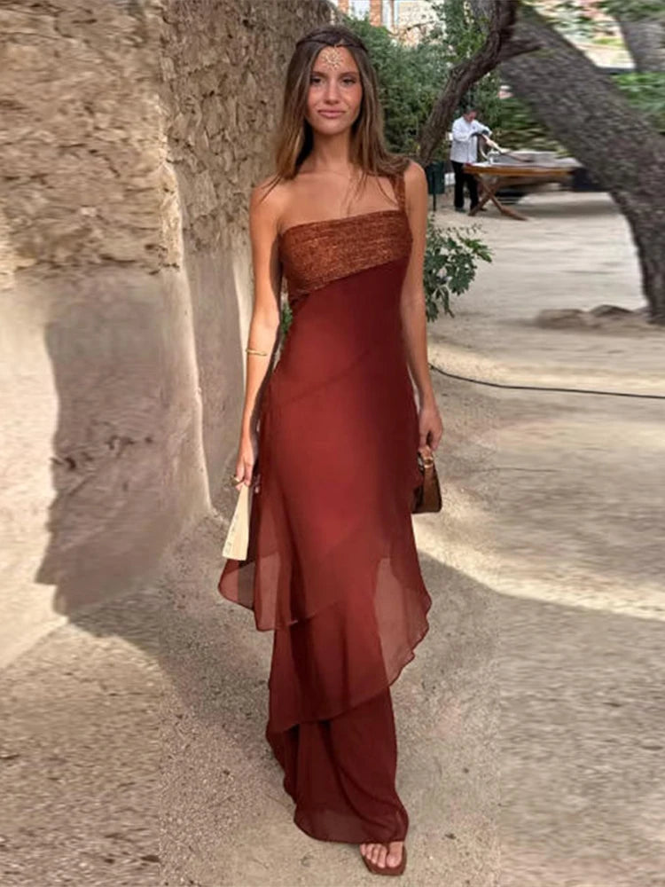 Abito Lungo da Donna Asimmetrico con Volant e Dettagli Patchwork