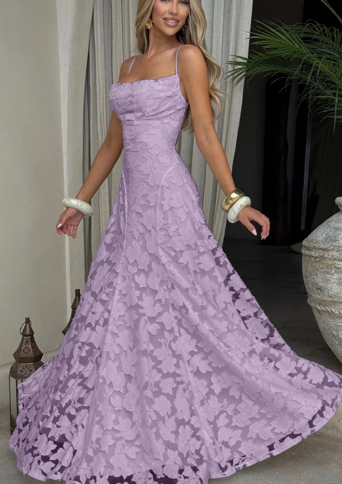 Abito Lungo da Donna in Chiffon Jacquard con Schiena Scoperta