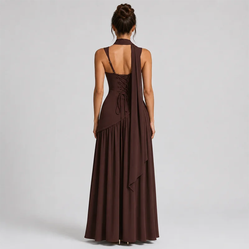 Abito Lungo da Donna con Corsetto Stringato e Spacco Alto