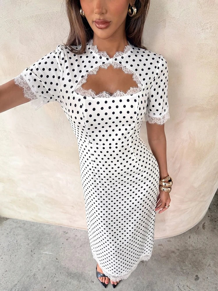 Abito Lungo da Donna a Pois con Dettaglio Cut-Out e Pizzo