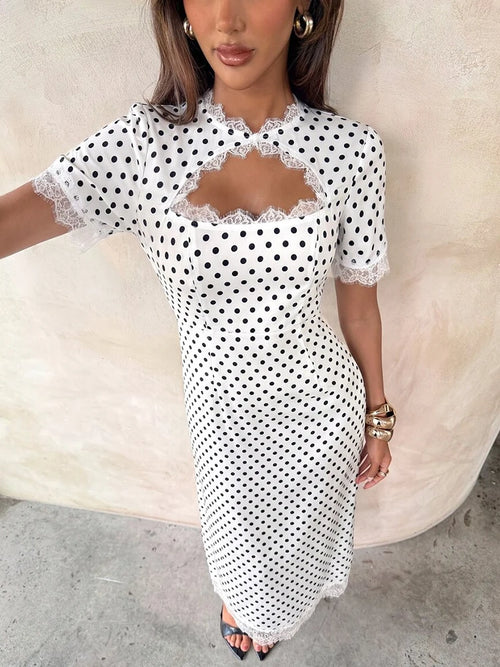 Abito Lungo da Donna a Pois con Dettaglio Cut-Out e Pizzo