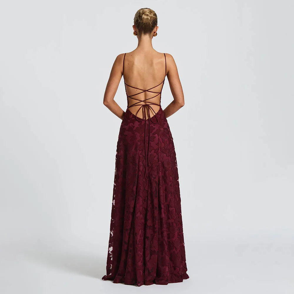 Abito Lungo da Donna in Chiffon Jacquard con Schiena Scoperta