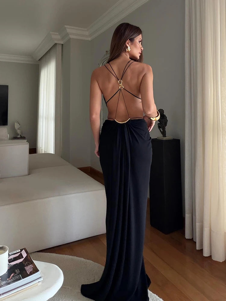 Abito Lungo da Donna Senza Schienale con Scollo a V e Dettaglio Cut-Out