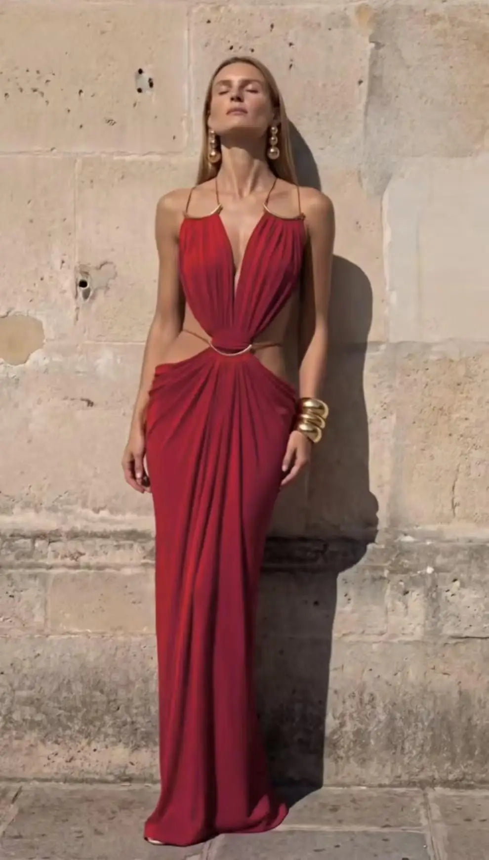 Abito Lungo da Donna Senza Schienale con Scollo a V e Dettaglio Cut-Out