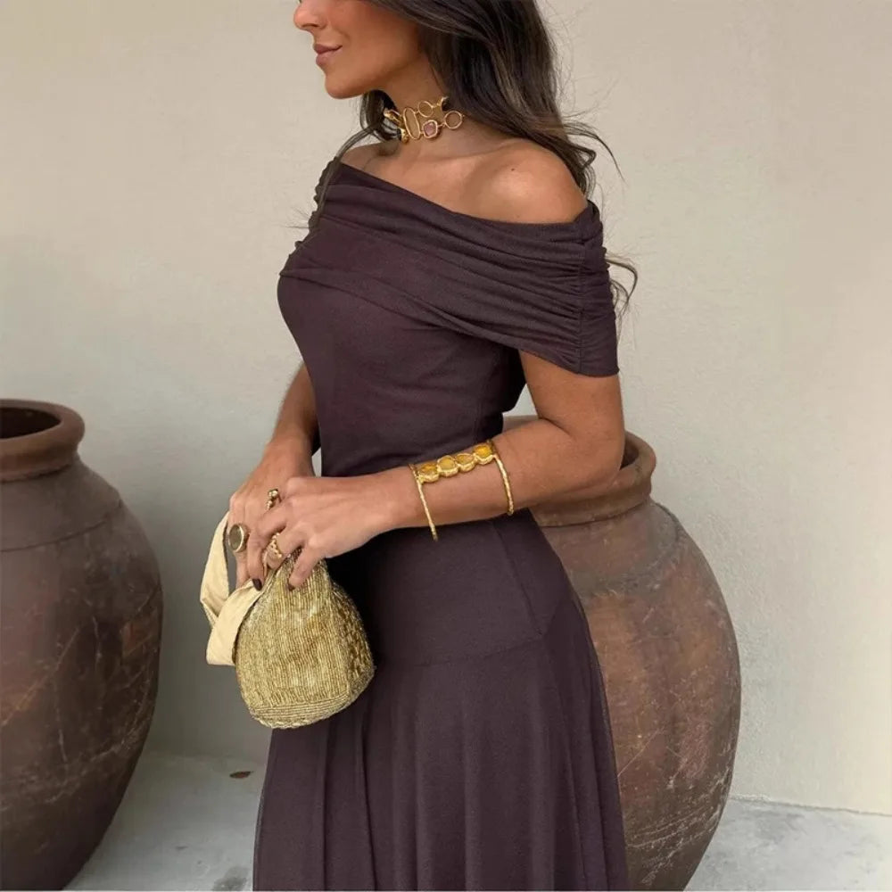 Abito Lungo da Donna Senza Spalline con Dettaglio Drappeggiato