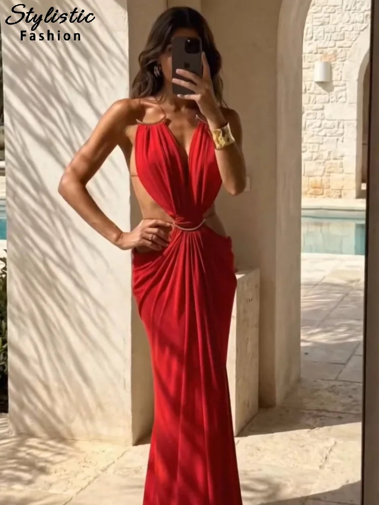 Abito Lungo da Donna Senza Schienale con Scollo a V e Dettaglio Cut-Out