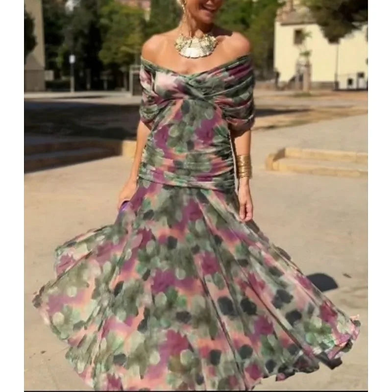 Abito Midi da Donna Senza Spalline con Stampa Floreale