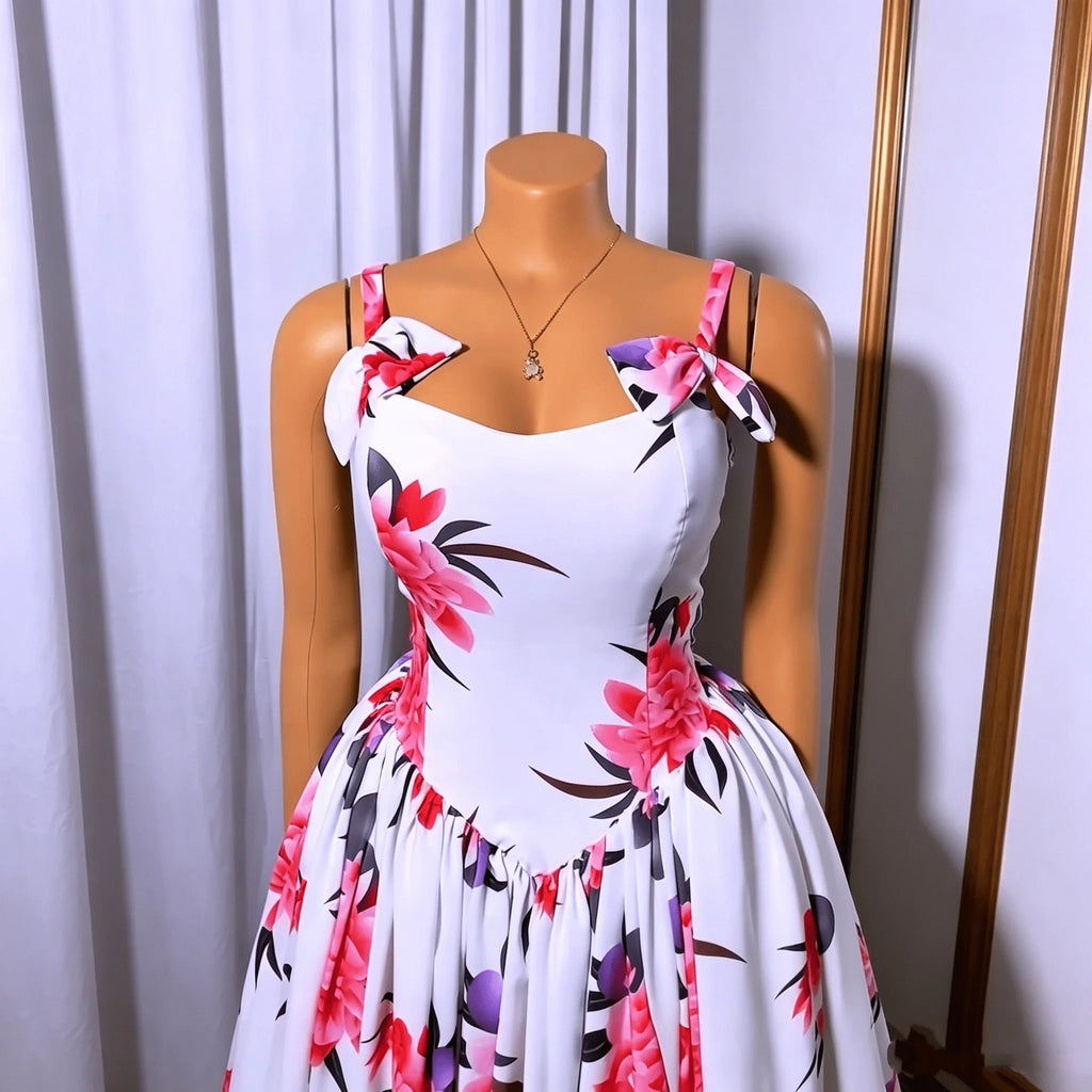 Abito Lungo da Donna con Stampa Floreale e Spalline a Fiocco