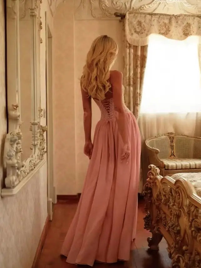 Abito Lungo da Donna in Chiffon all'Americana con Corsetto