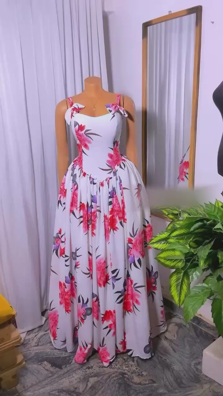 Abito Lungo da Donna con Stampa Floreale e Spalline a Fiocco